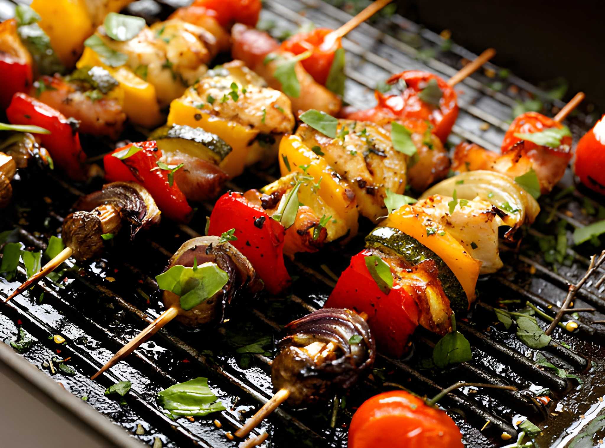 Shish kebab dengan potongan daging panggang yang ditusuk bersama paprika dan bawang, disajikan hangat dengan aroma rempah khas Timur Tengah.