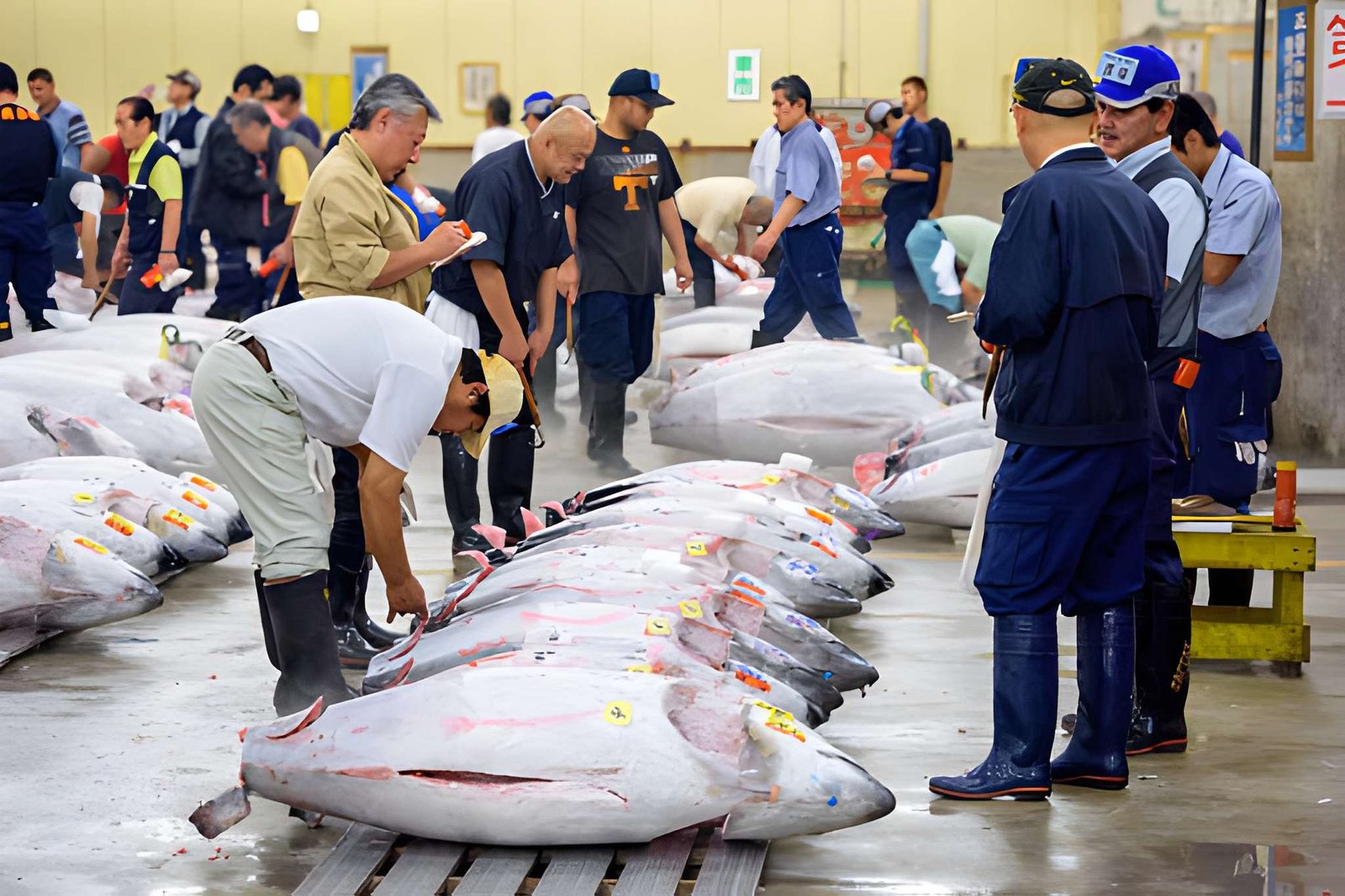 Calon pembeli memeriksa tuna yang ditampilkan di Pasar Tsukiji.