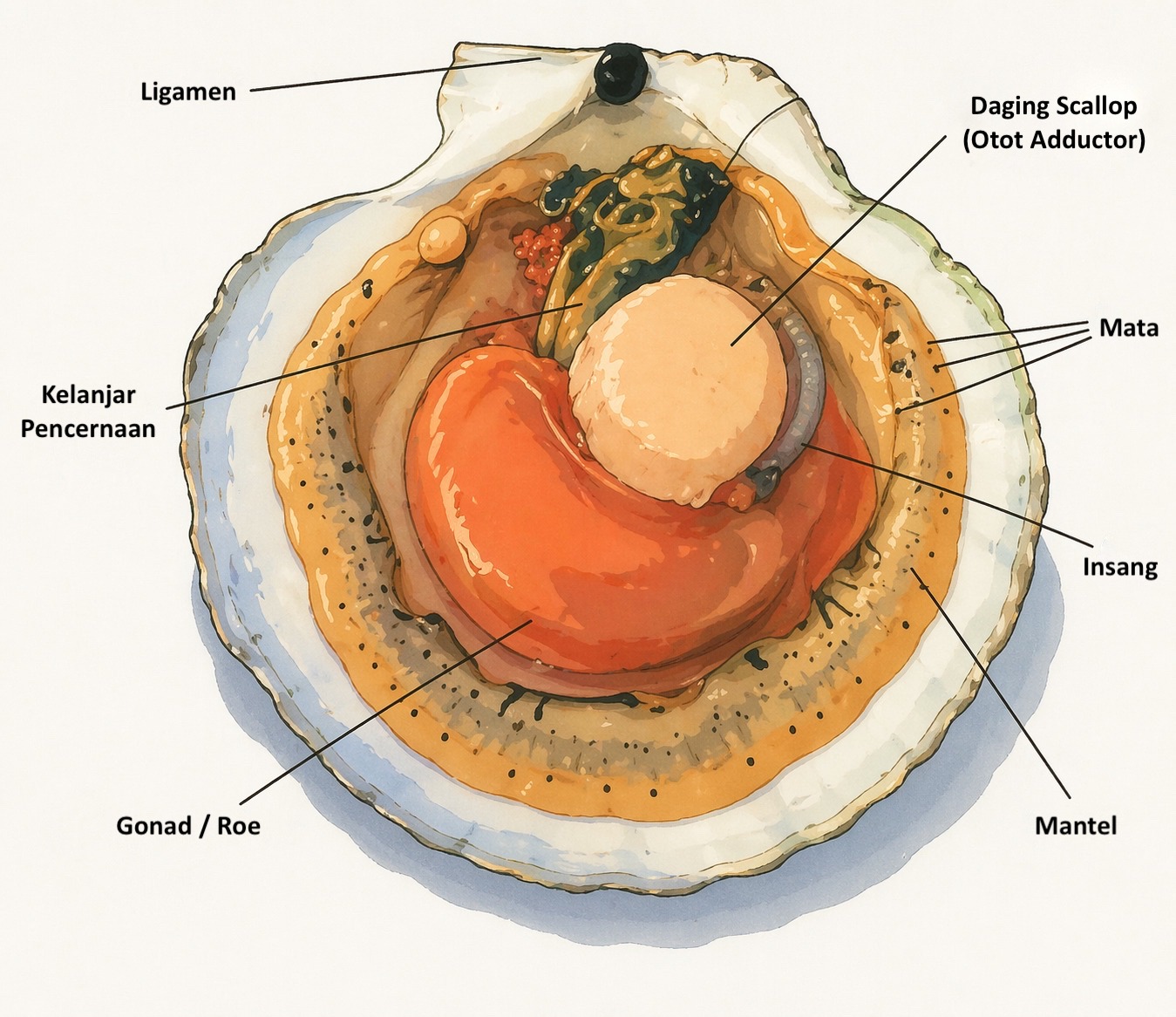 Ilustrasi bagian bagian scallop dan cara mengolahnya.