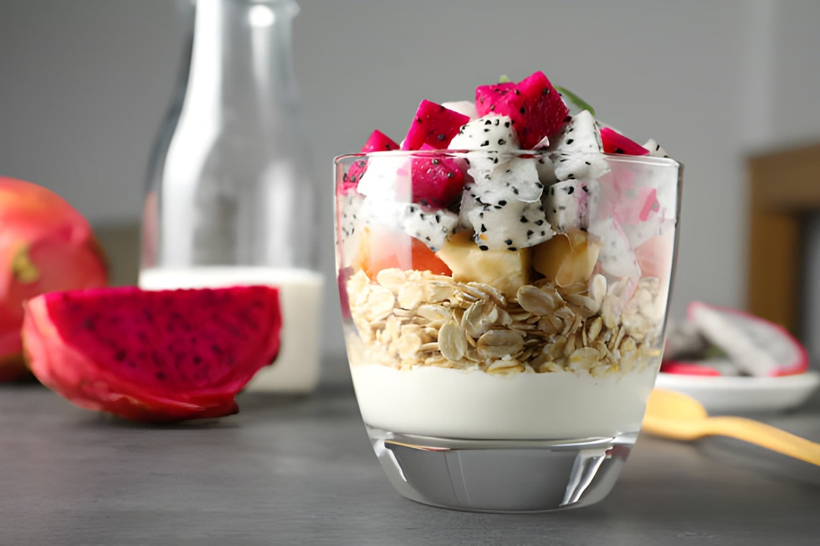 Granola dengan yogurt dan potongan buah naga segar yang kaya serat, vitamin, dan antioksidan.